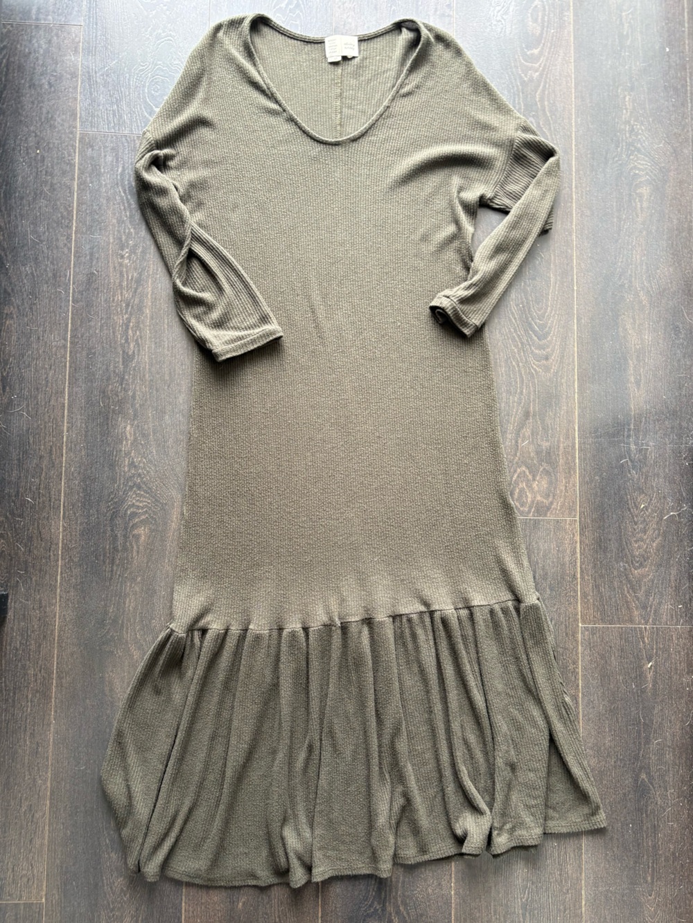 Long Sleeve Olive Green Knit Ruffle-Hem Dress